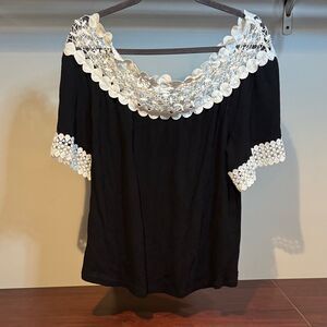INC International Concepts Black Blouse with White Crochet Details